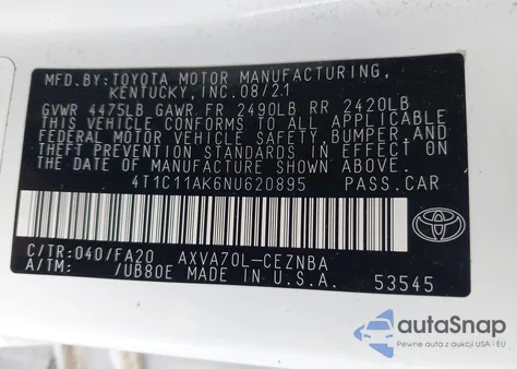 2022 Toyota Camry Le from USA, damaged, VIN 4T1C11AK6NU620895